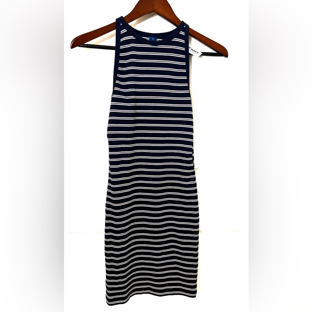 NWT Old Navy sleeveless high neck racer back navy striped midi maxi dress small